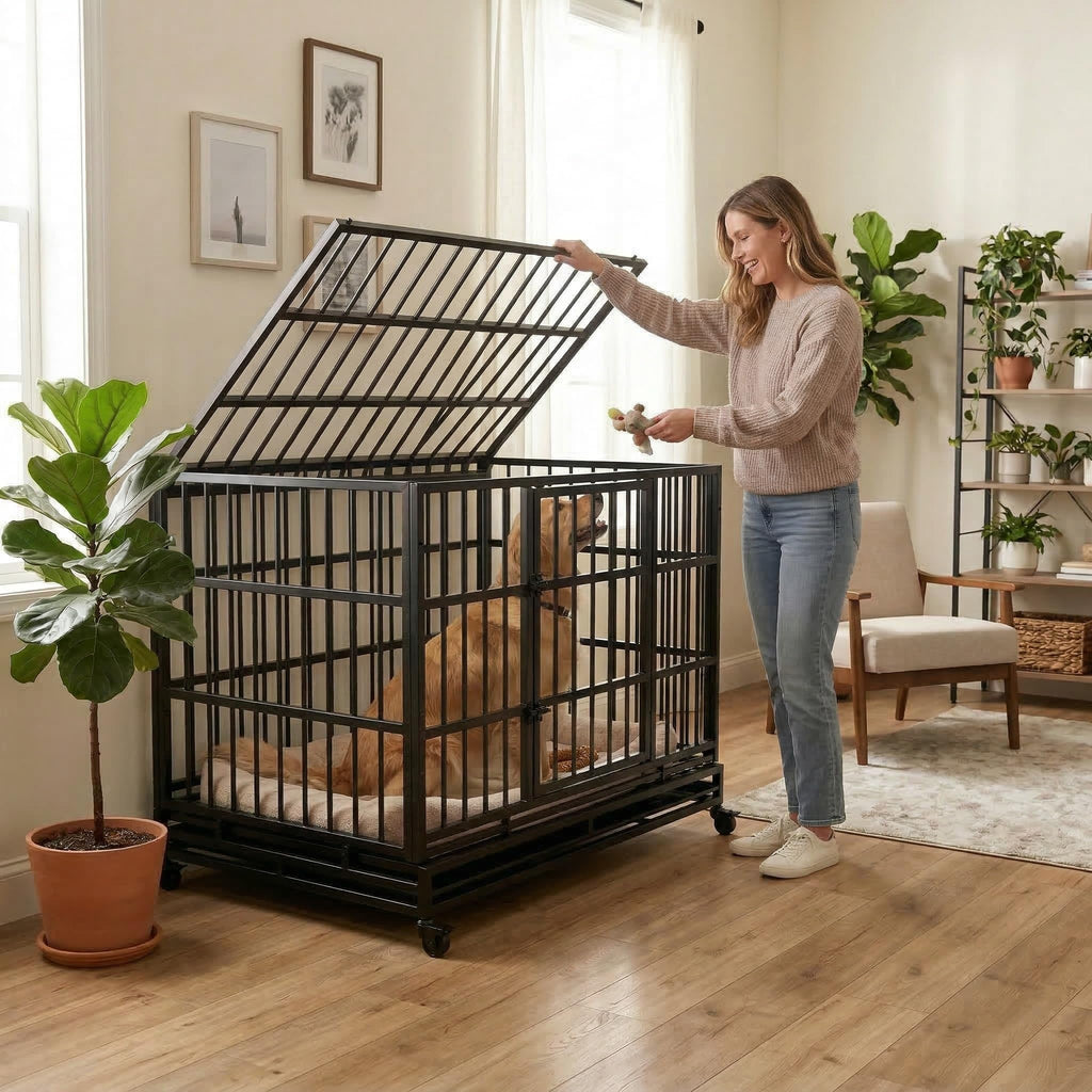 48 Inch Heavy Duty Collapsible Metal Dog Crate with Wheels G9999