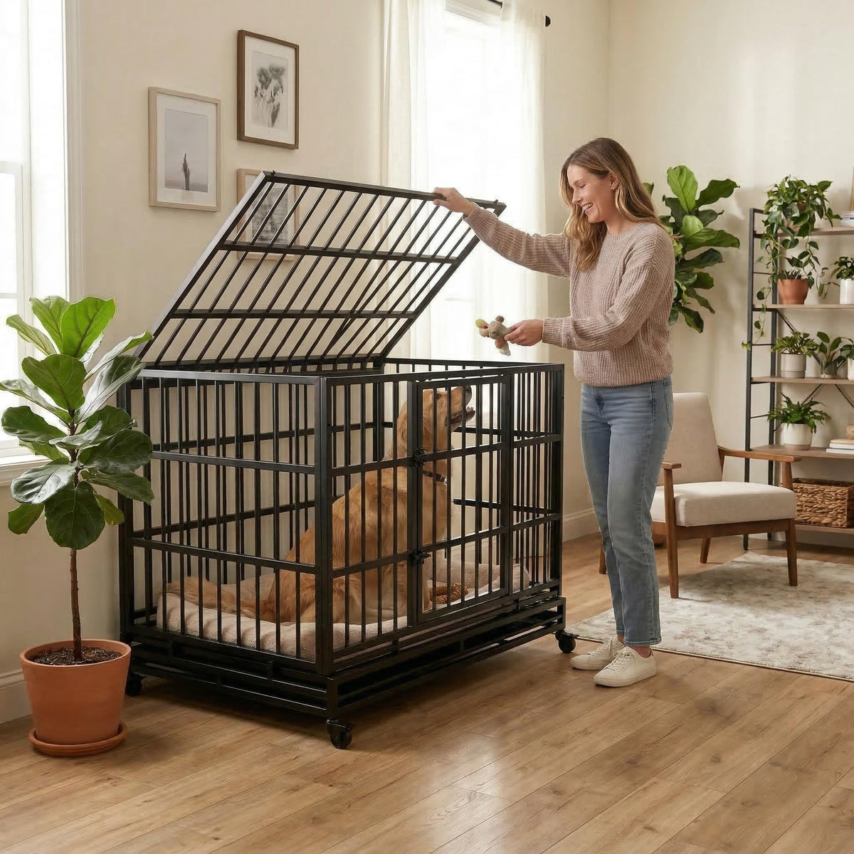 48 Inch Heavy Duty Collapsible Metal Dog Crate with Wheels G9999