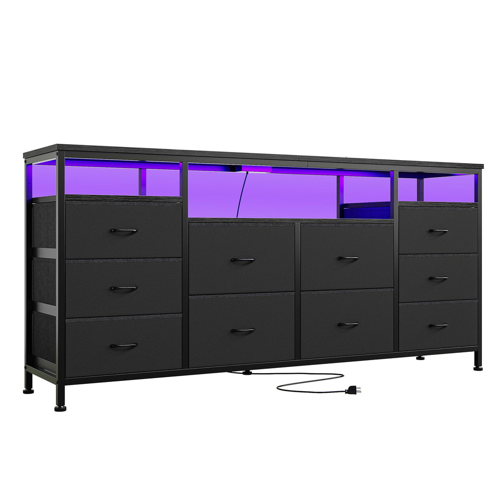Black 10 Drawer Fabric Dresser with LED Lights & Charging Ports W987