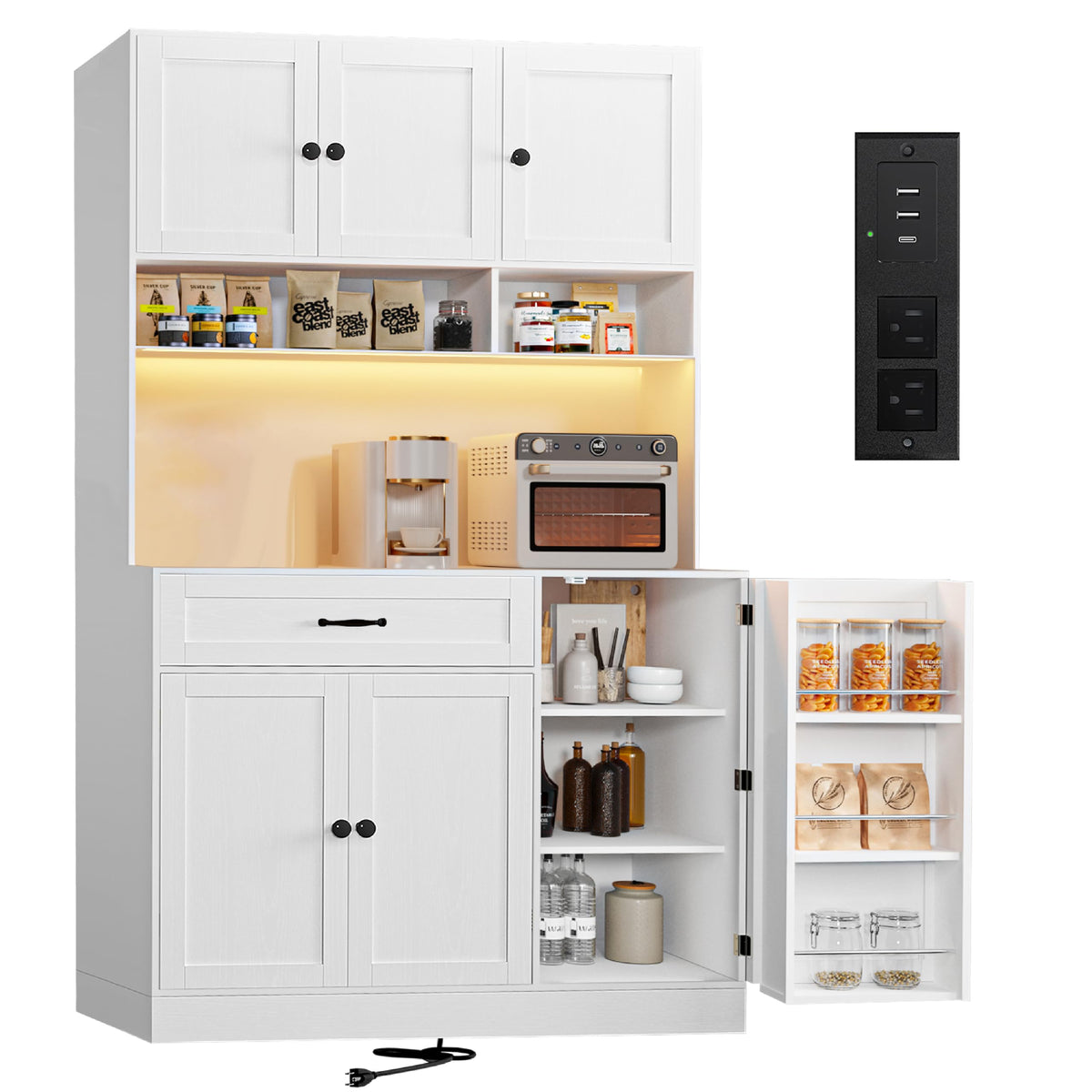 72" Kitchen Pantry Cabinet with LED Light and Charging Station W346
