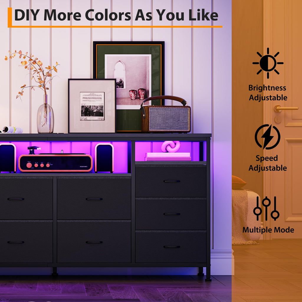 Black 10 Drawer Fabric Dresser with LED Lights & Charging Ports W987