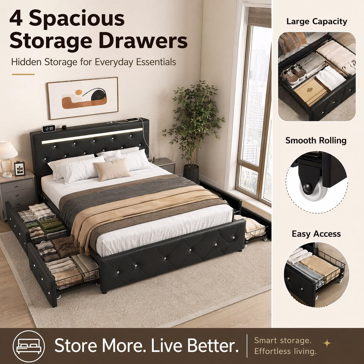 Full Upholstered Bed Frame with 4 Storage Drawers & Headboard X71484