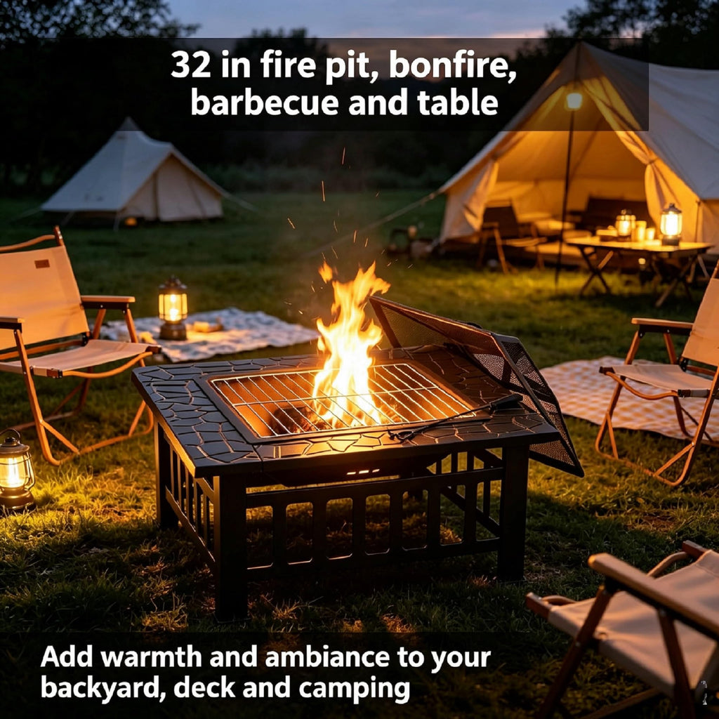 32" Square Metal Wood Burning Fire Pit Table B380404