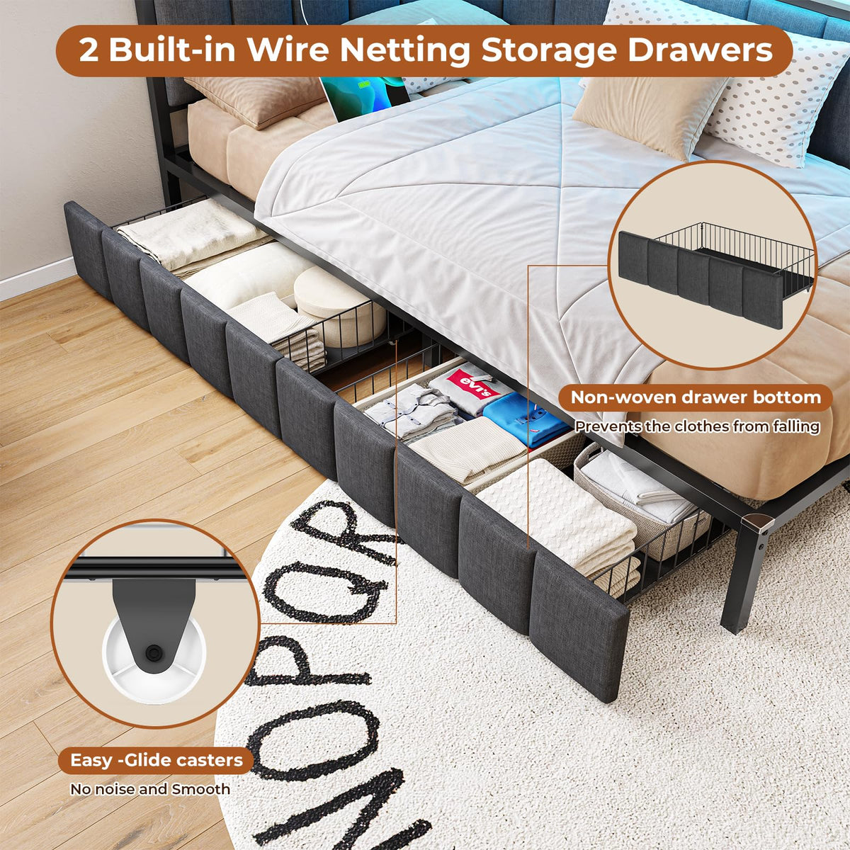 Full Size Corner Bed Frame with 2 Storage Drawers and Charging Station R341