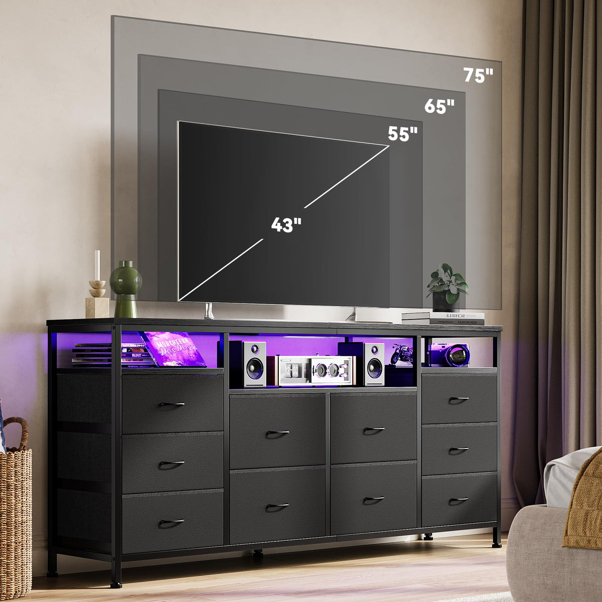 Black 10 Drawer Fabric Dresser with LED Lights & Charging Ports W987