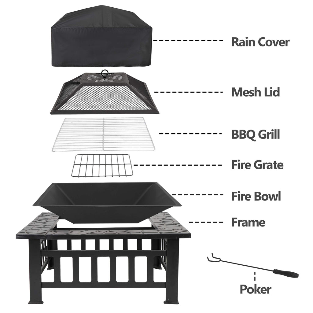 32" Square Metal Wood Burning Fire Pit Table B380404