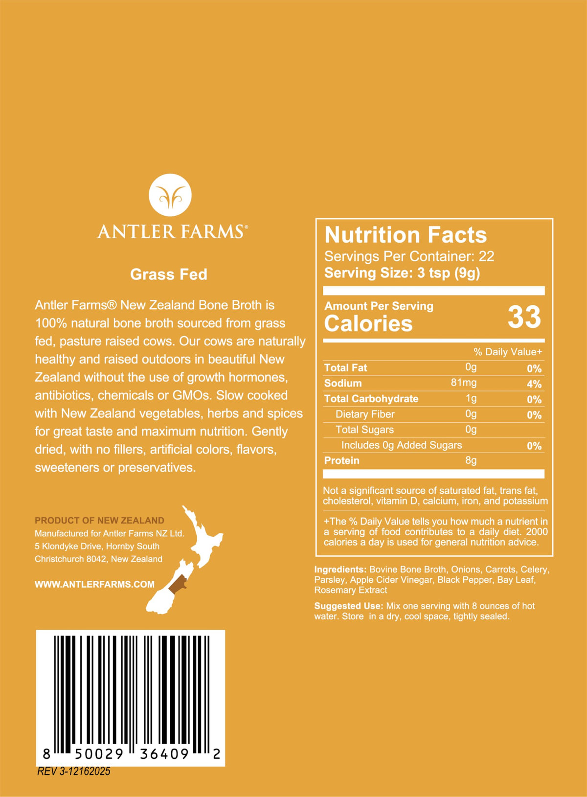 100% Grass Fed New Zealand Bone Broth Powder, 40 Servings, 200g Z9272