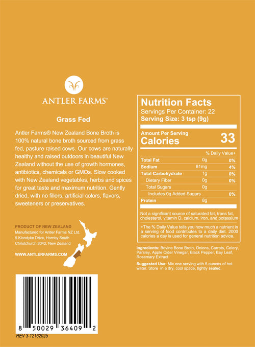 100% Grass Fed New Zealand Bone Broth Powder, 40 Servings, 200g Z9272