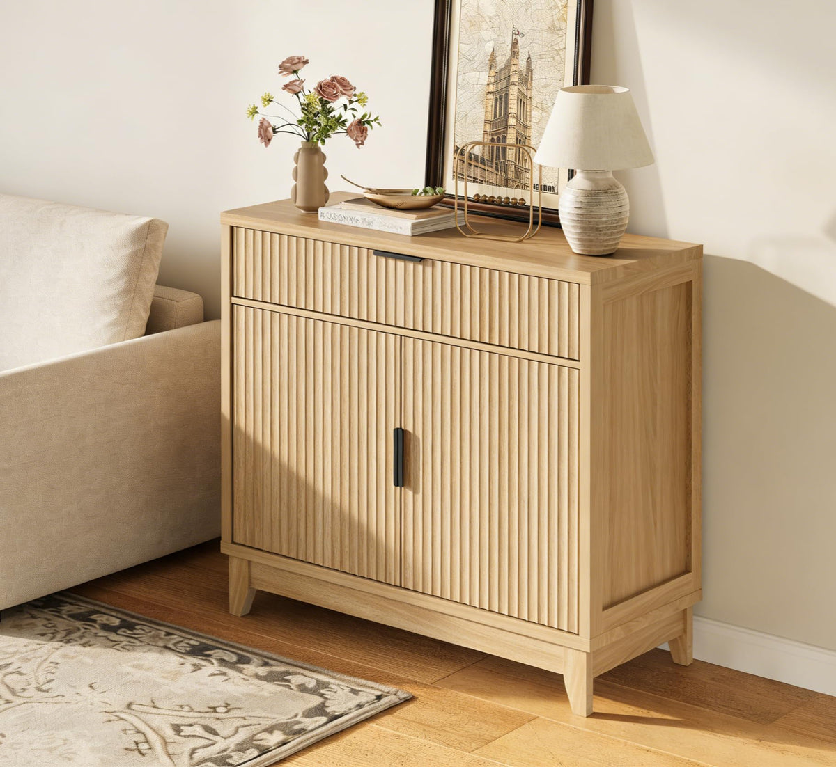 32" Fluted Oak Sideboard Buffet Cabinet with Storage J10665