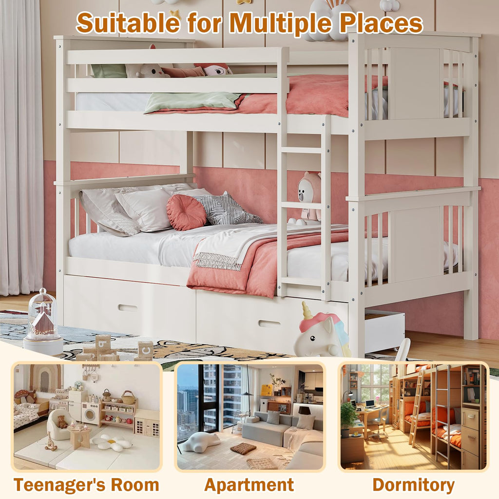 Solid Wood Twin-Over-Twin Bunk Bed with 2 Storage Drawers G3038