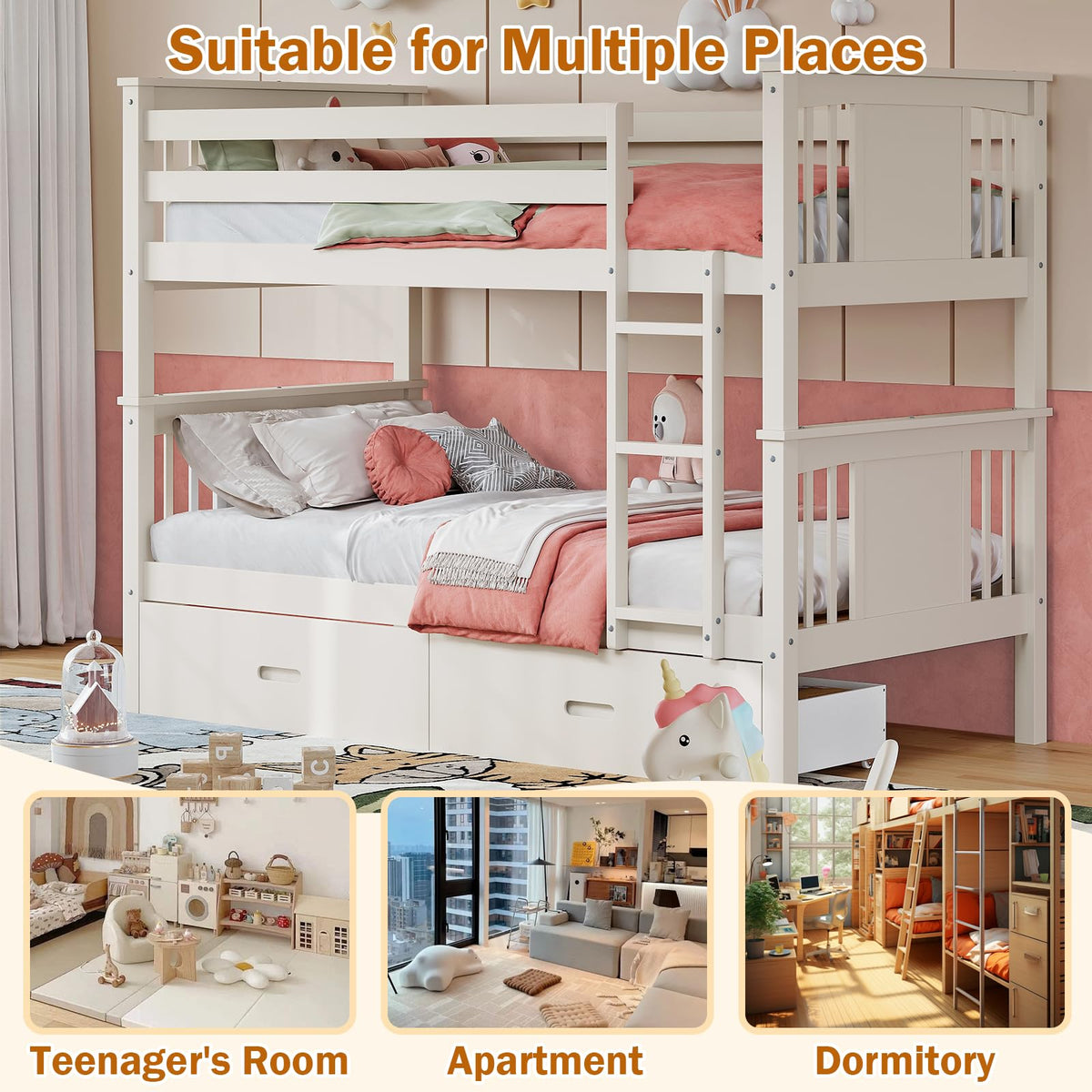 Solid Wood Twin-Over-Twin Bunk Bed with 2 Storage Drawers G3038