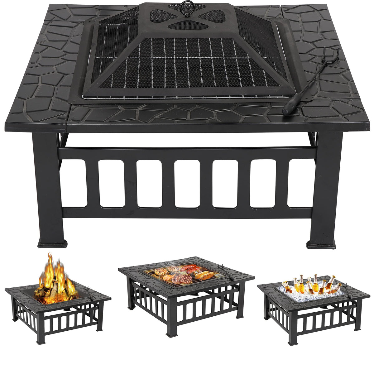 32" Square Metal Wood Burning Fire Pit Table B380404