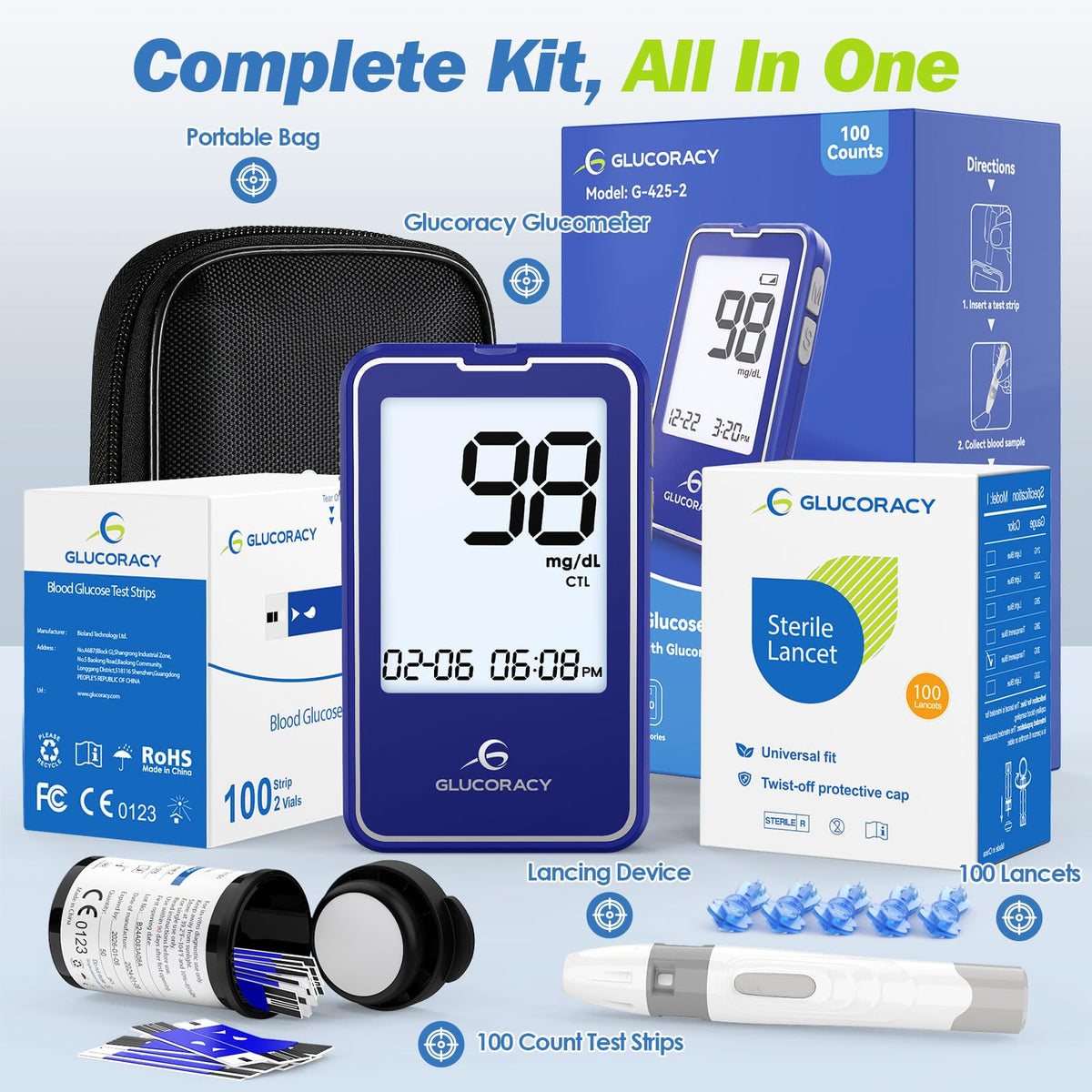 Blood Glucose Monitor Kit with 100 Test Strips T9893
