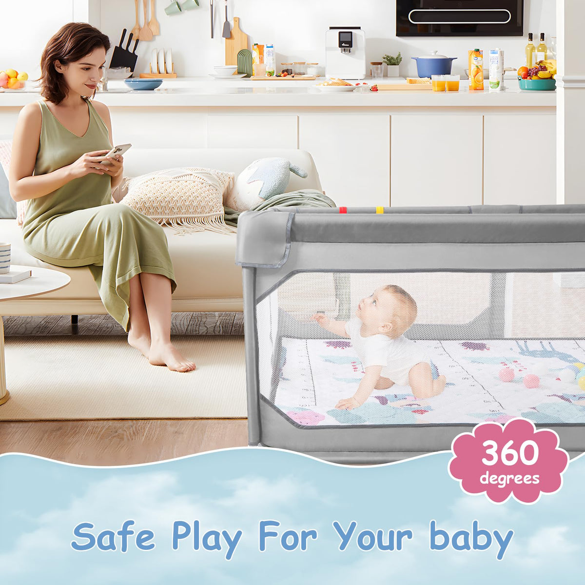 75" x 59" Grey Baby Playpen with Mat O268