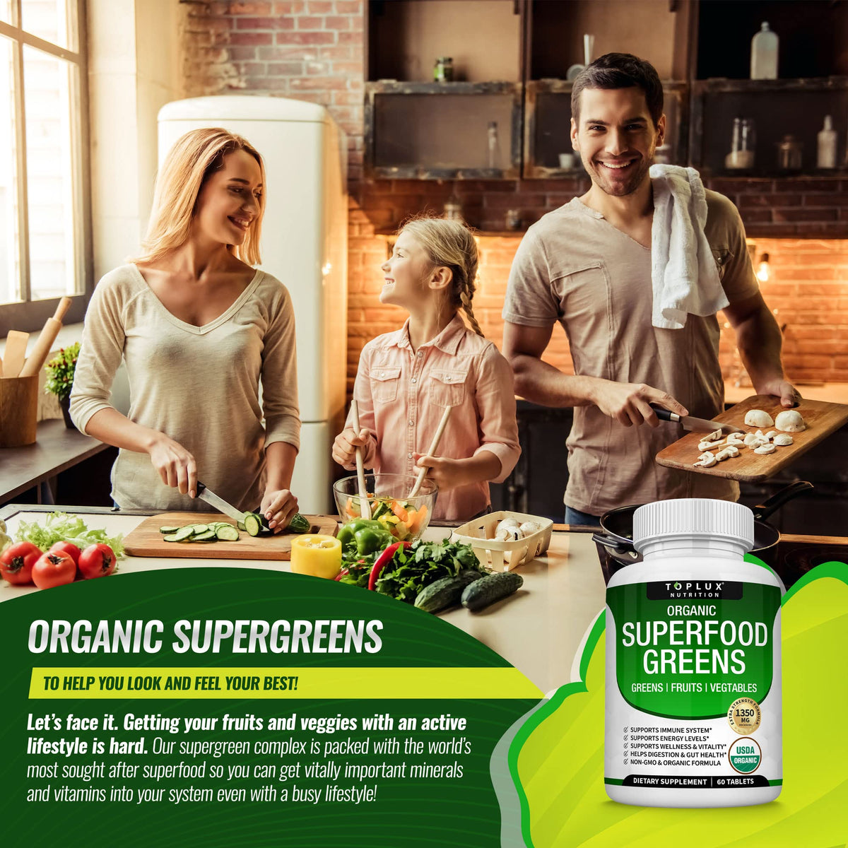 Organic Super Greens Capsules Superfood Supplement 60 Tablets B67534
