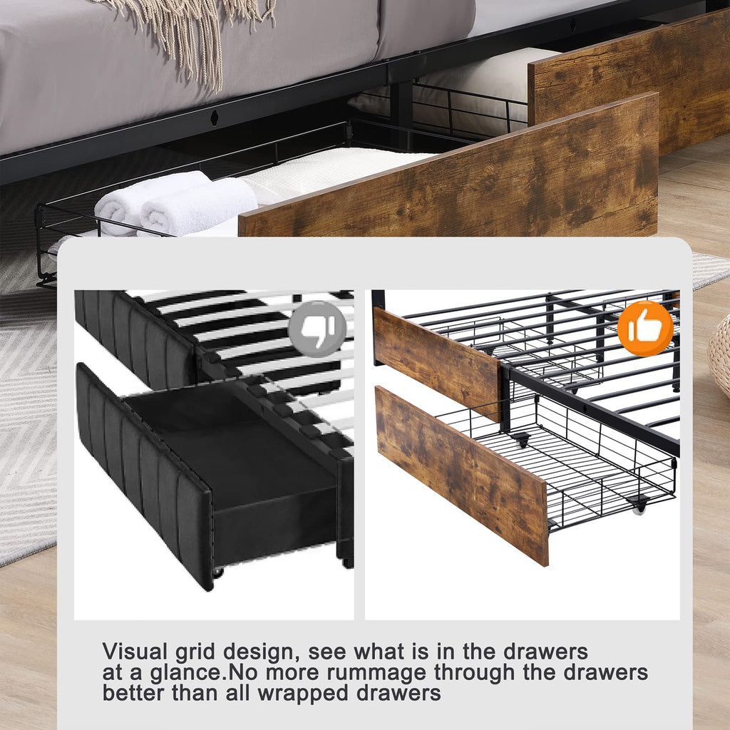 King Size Wood Bed Frame with 4 Storage Drawers J814240