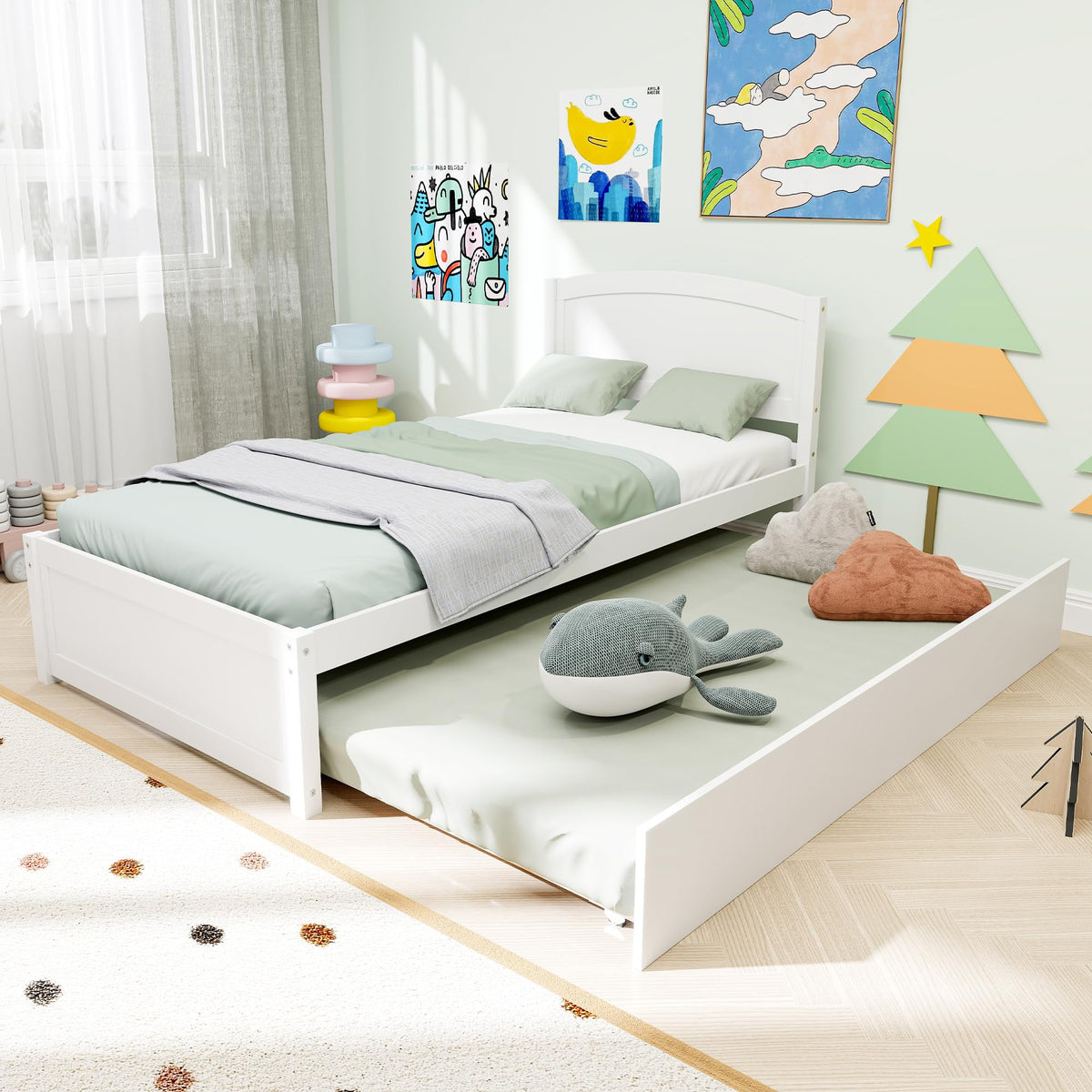 White Twin Trundle Bed with Headboard Z446