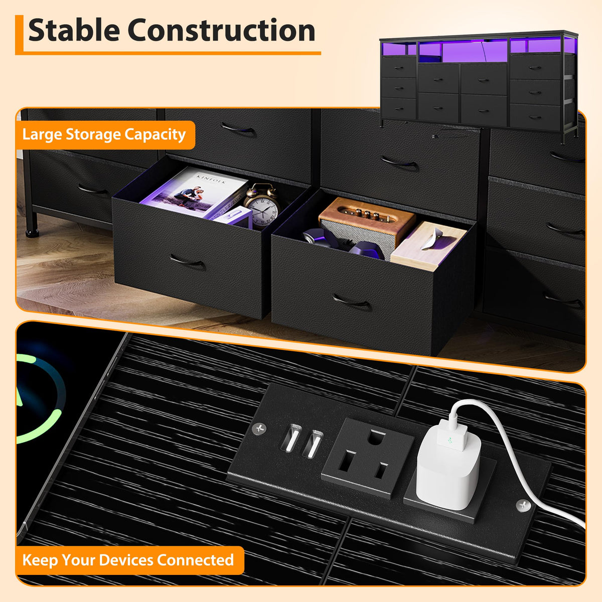 Black 10 Drawer Fabric Dresser with LED Lights & Charging Ports W987