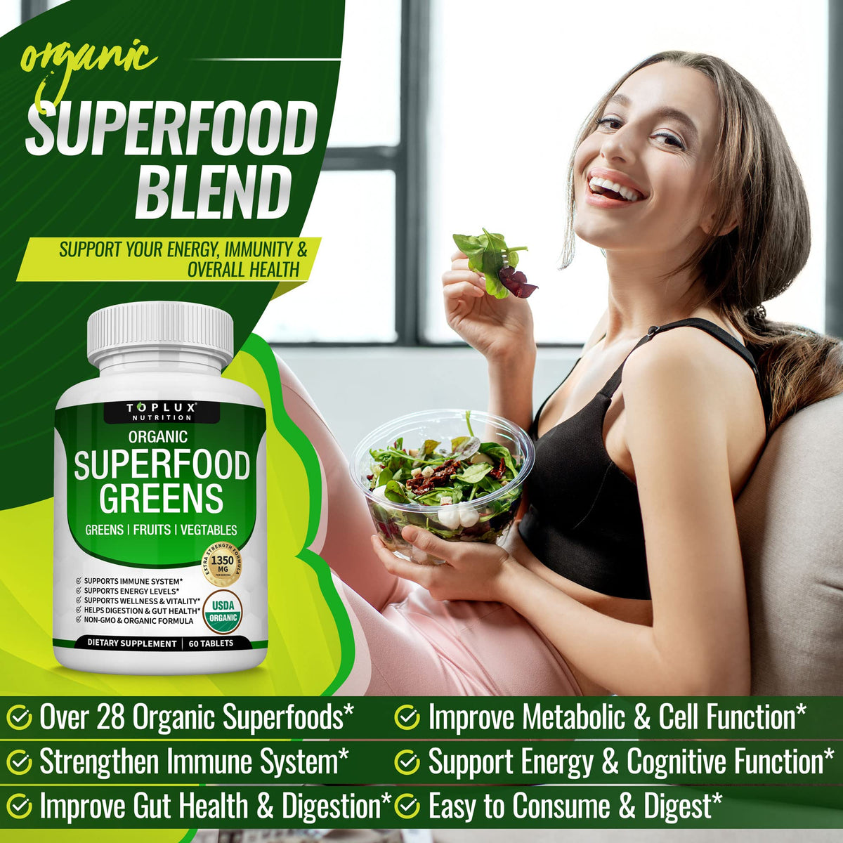 Organic Super Greens Capsules Superfood Supplement 60 Tablets B67534