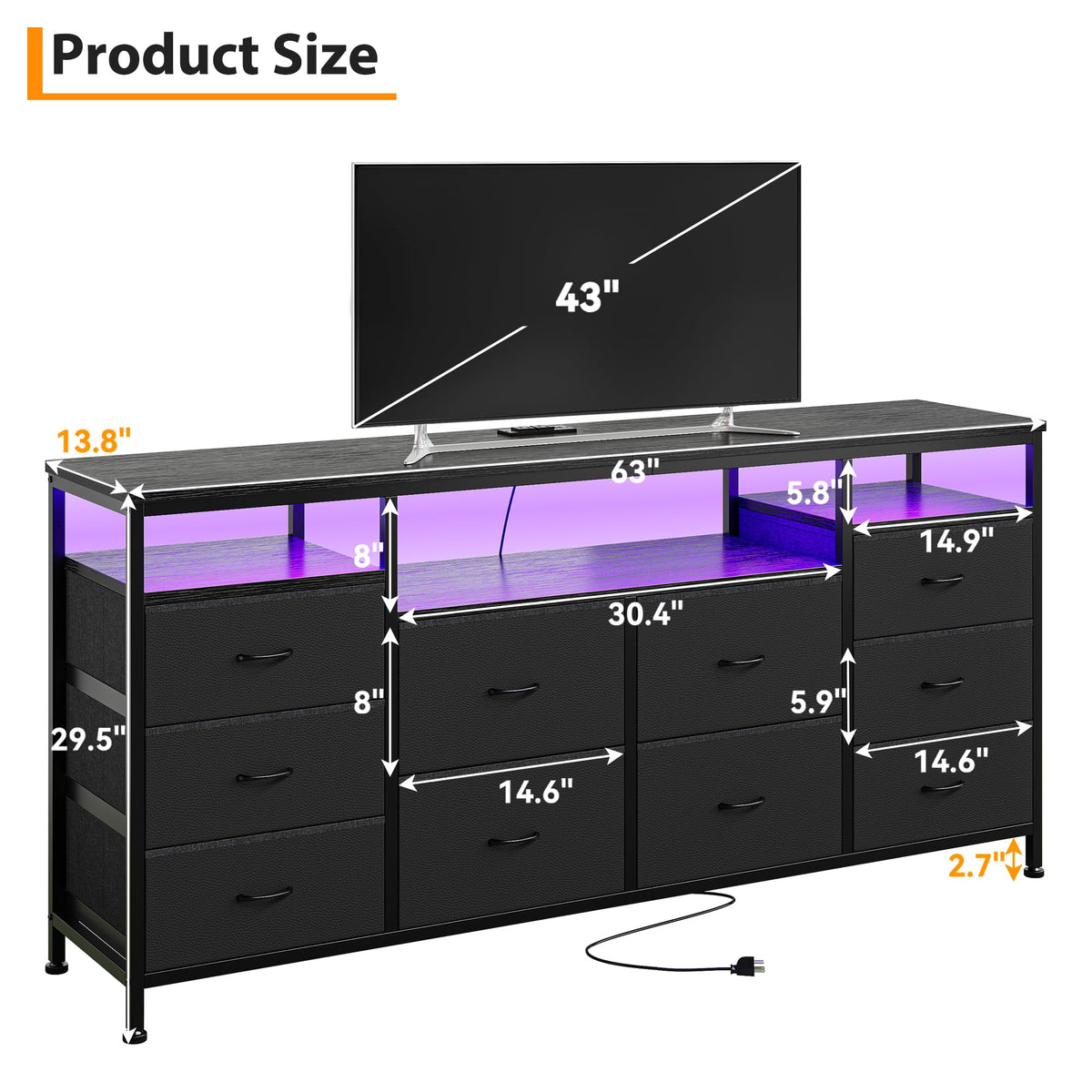 Black 10 Drawer Fabric Dresser with LED Lights & Charging Ports W987