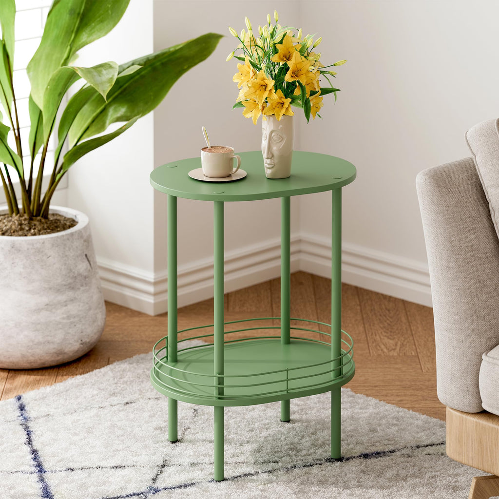 Oval Side Table with Storage, 2-Tier Green End Table T928