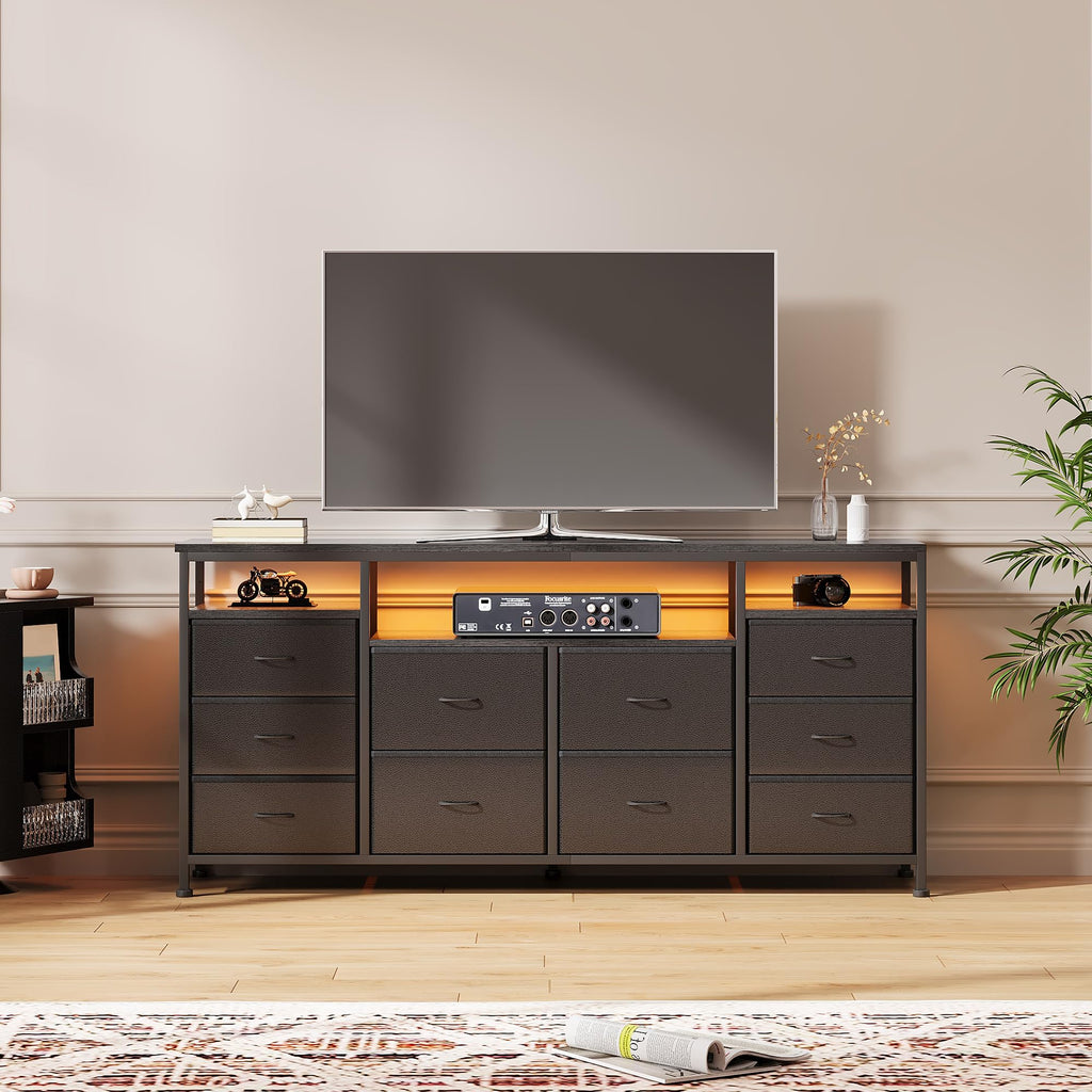 Black 10 Drawer Fabric Dresser with LED Lights & Charging Ports W987