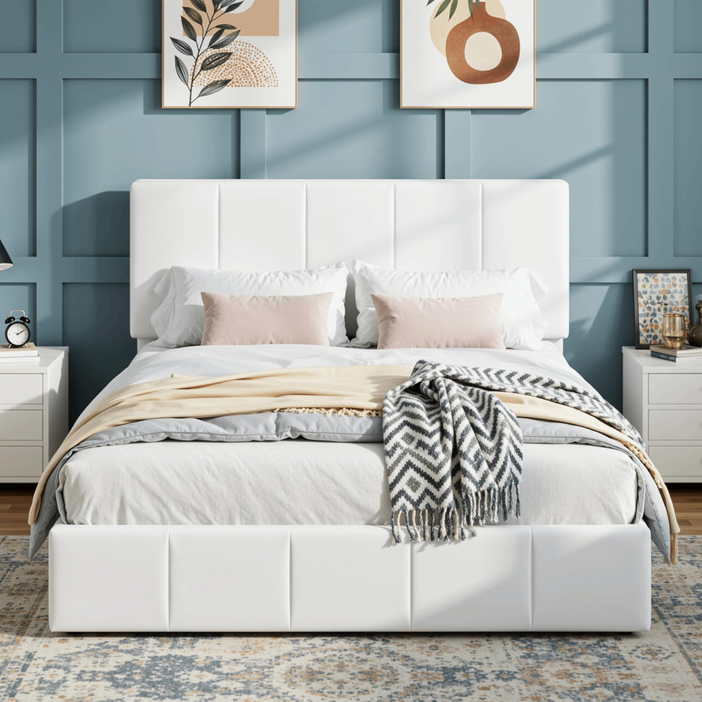 Queen Size White Velvet Upholstered Platform Bed Y74636