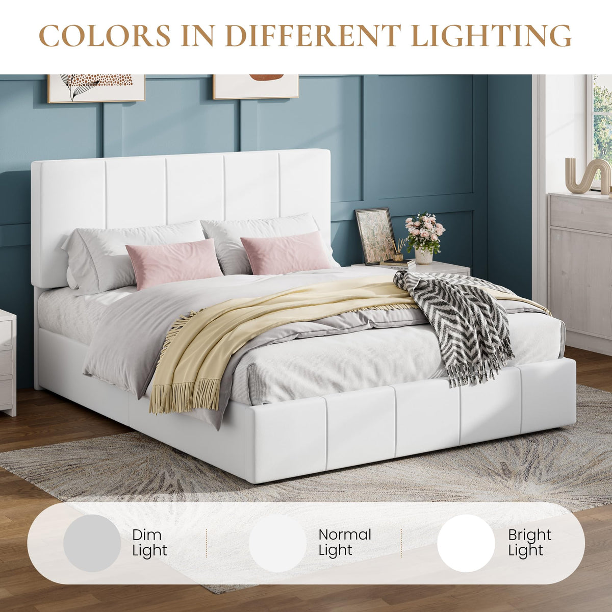 Queen Size White Velvet Upholstered Platform Bed Y74636