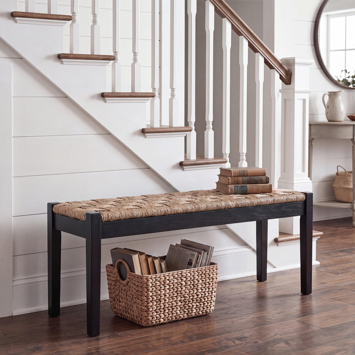 46-Inch Acacia Wood Entryway Bench with Woven Seagrass Seat Q32628