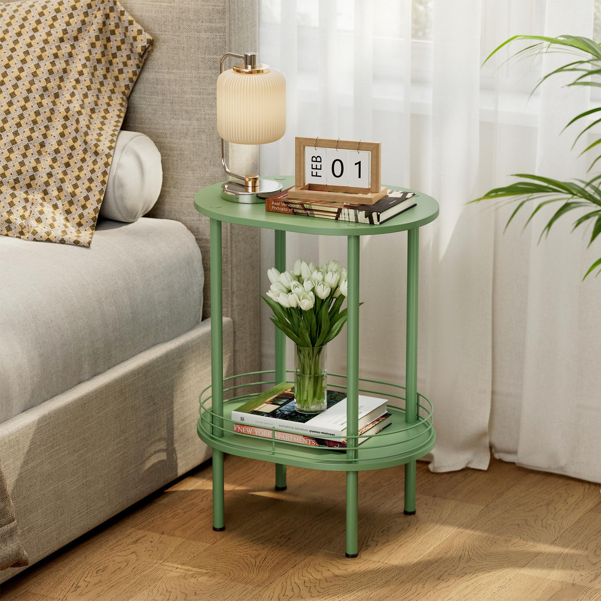 Oval Side Table with Storage, 2-Tier Green End Table T928