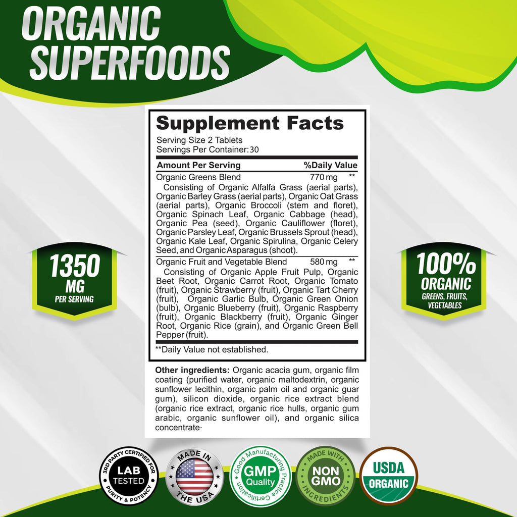 Organic Super Greens Capsules Superfood Supplement 60 Tablets B67534