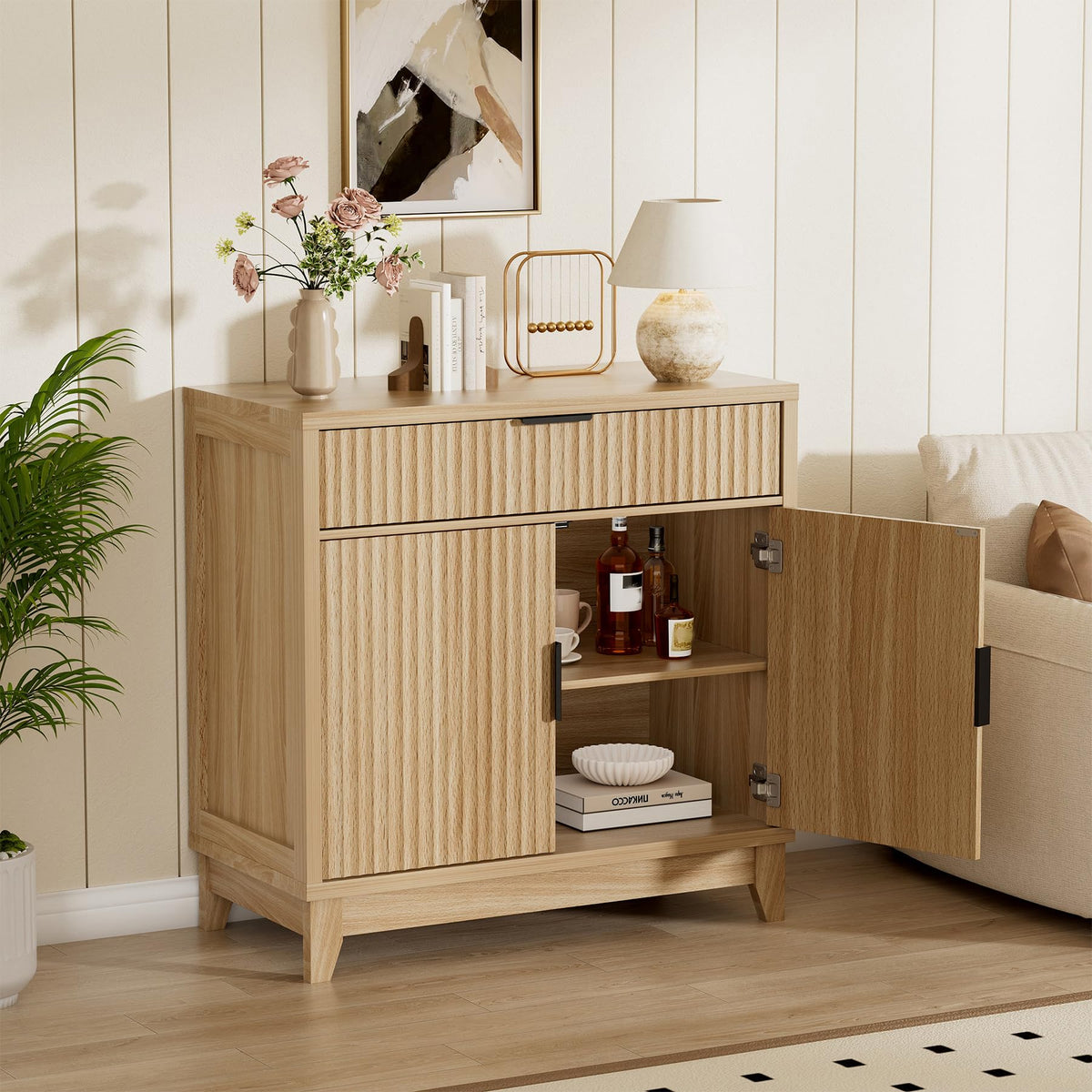 32" Fluted Oak Sideboard Buffet Cabinet with Storage J10665