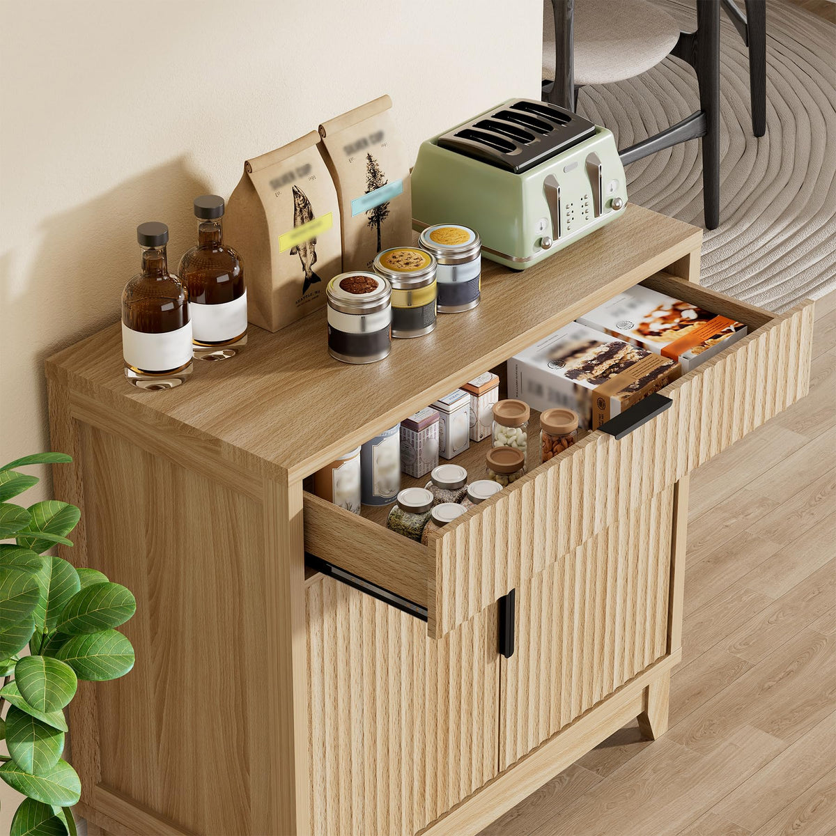 32" Fluted Oak Sideboard Buffet Cabinet with Storage J10665