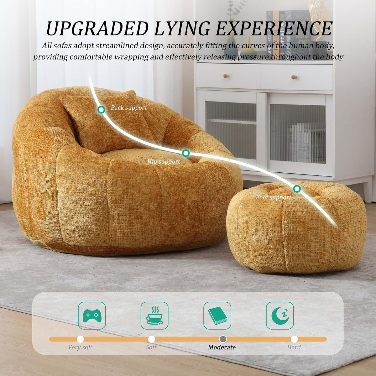 Yellow Memory Foam Bean Bag Chair with Ottoman Q7074