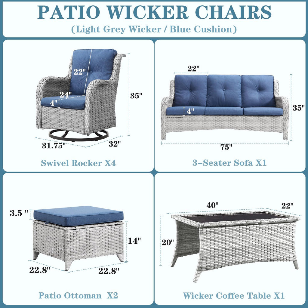 8 Piece Wicker Patio Furniture Set with Swivel Rocker Chairs and Coffee Table N744