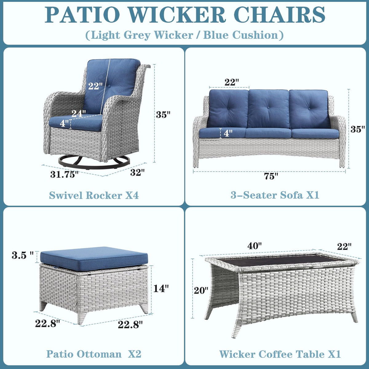 8 Piece Wicker Patio Furniture Set with Swivel Rocker Chairs and Coffee Table N744