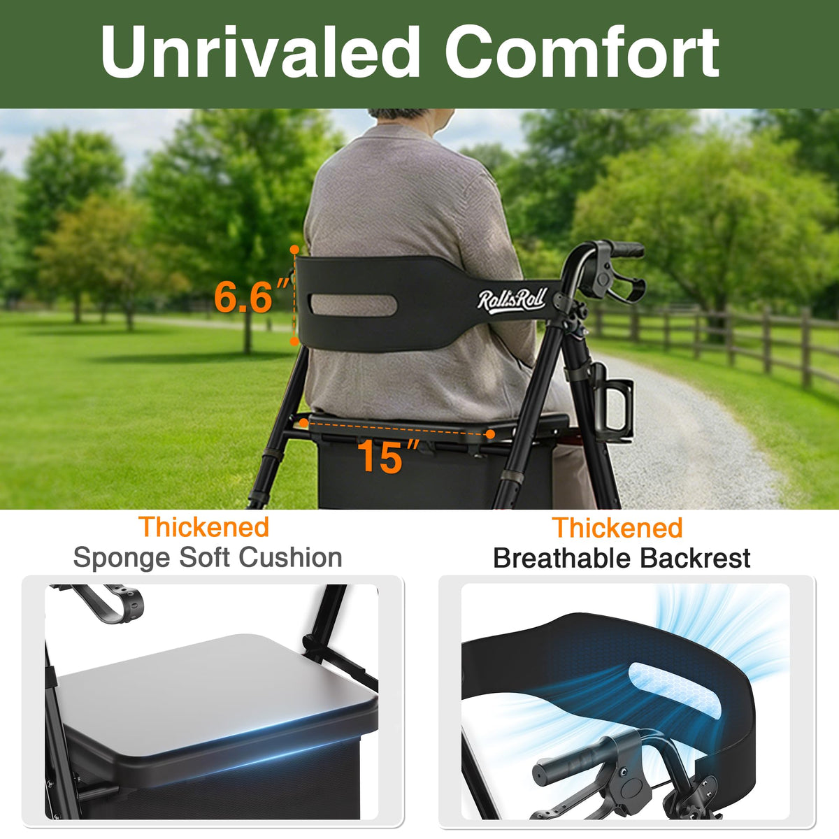 Lightweight Foldable Rollator Walker with 8" Rubber Wheels, 350lb Capacity, Black B806