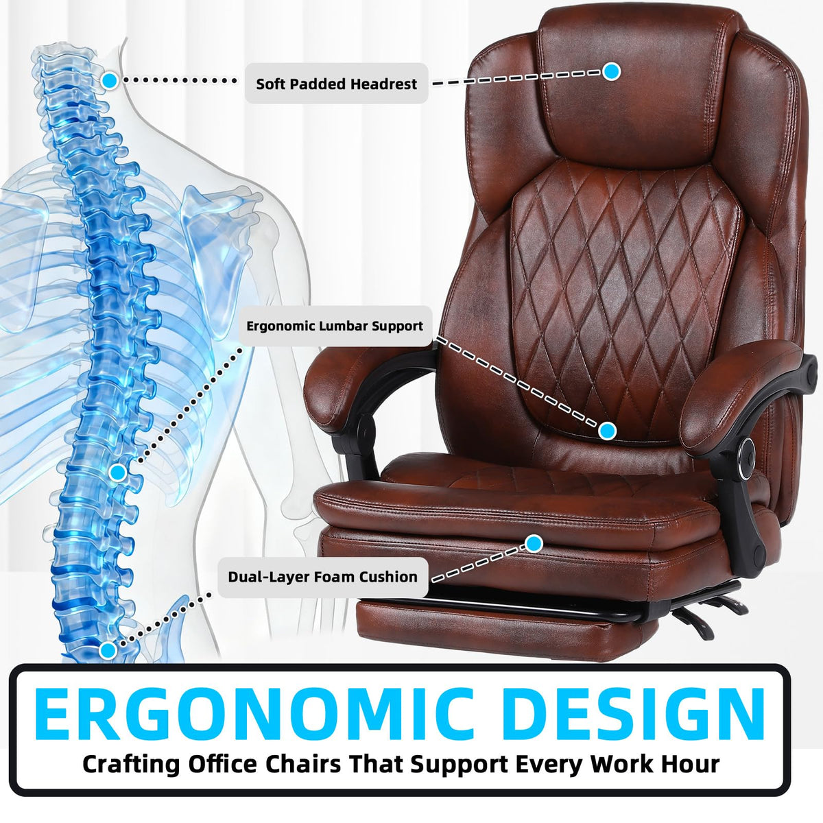 Big and Tall Ergonomic High Back PU Leather Reclining Office Chair with Footrest H5662