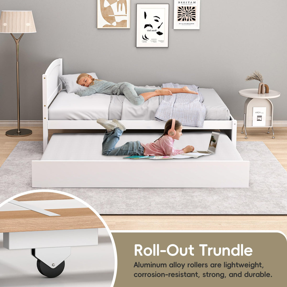 White Twin Trundle Bed with Headboard Z446