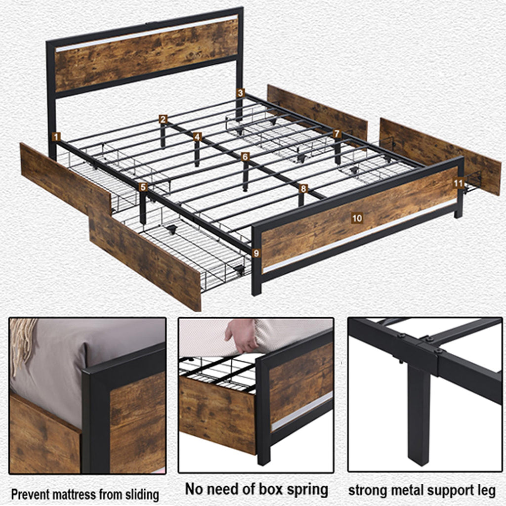 King Size Wood Bed Frame with 4 Storage Drawers J814240