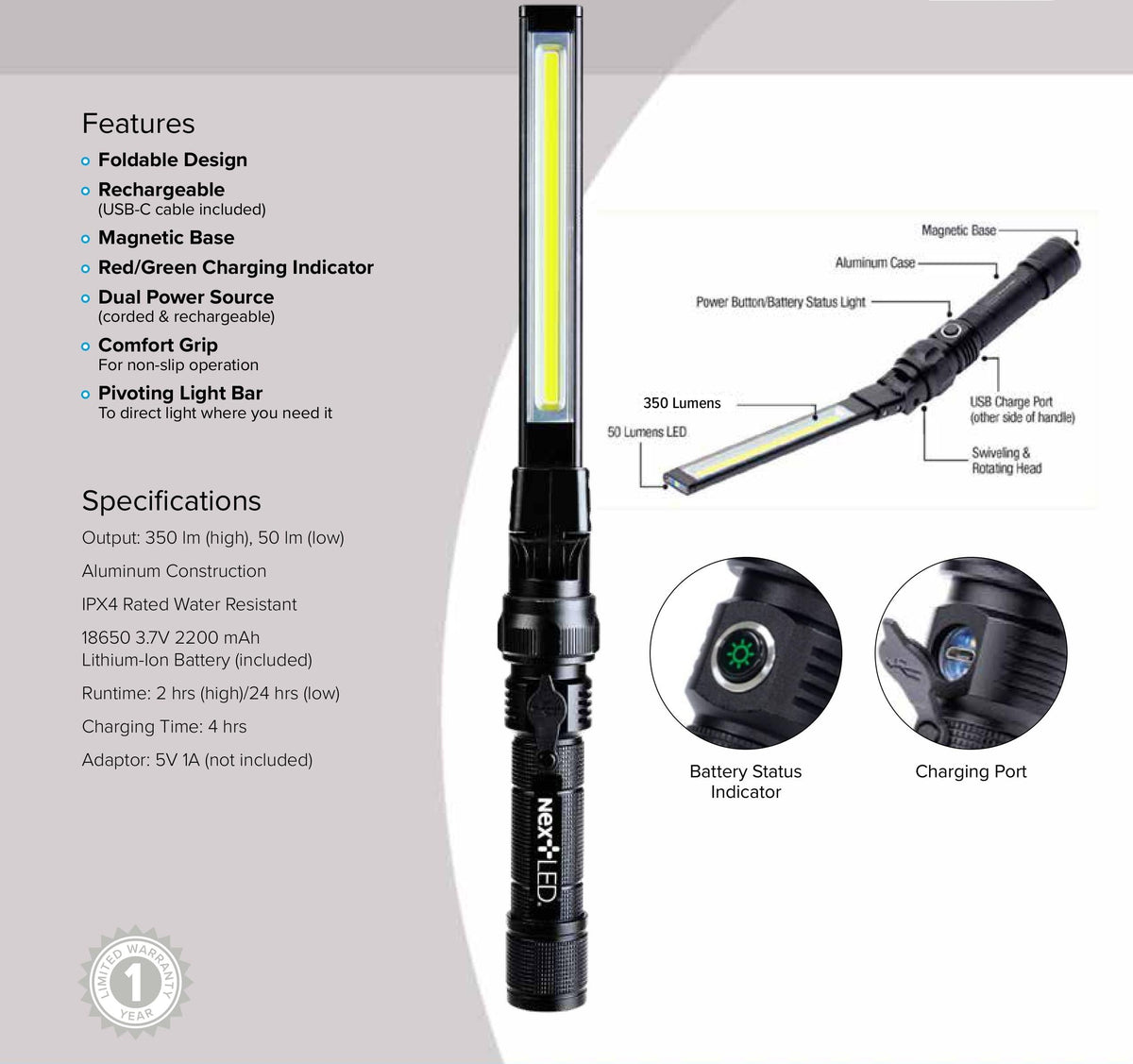 Foldable Rechargeable COB LED Work Light with Magnetic Base C39427