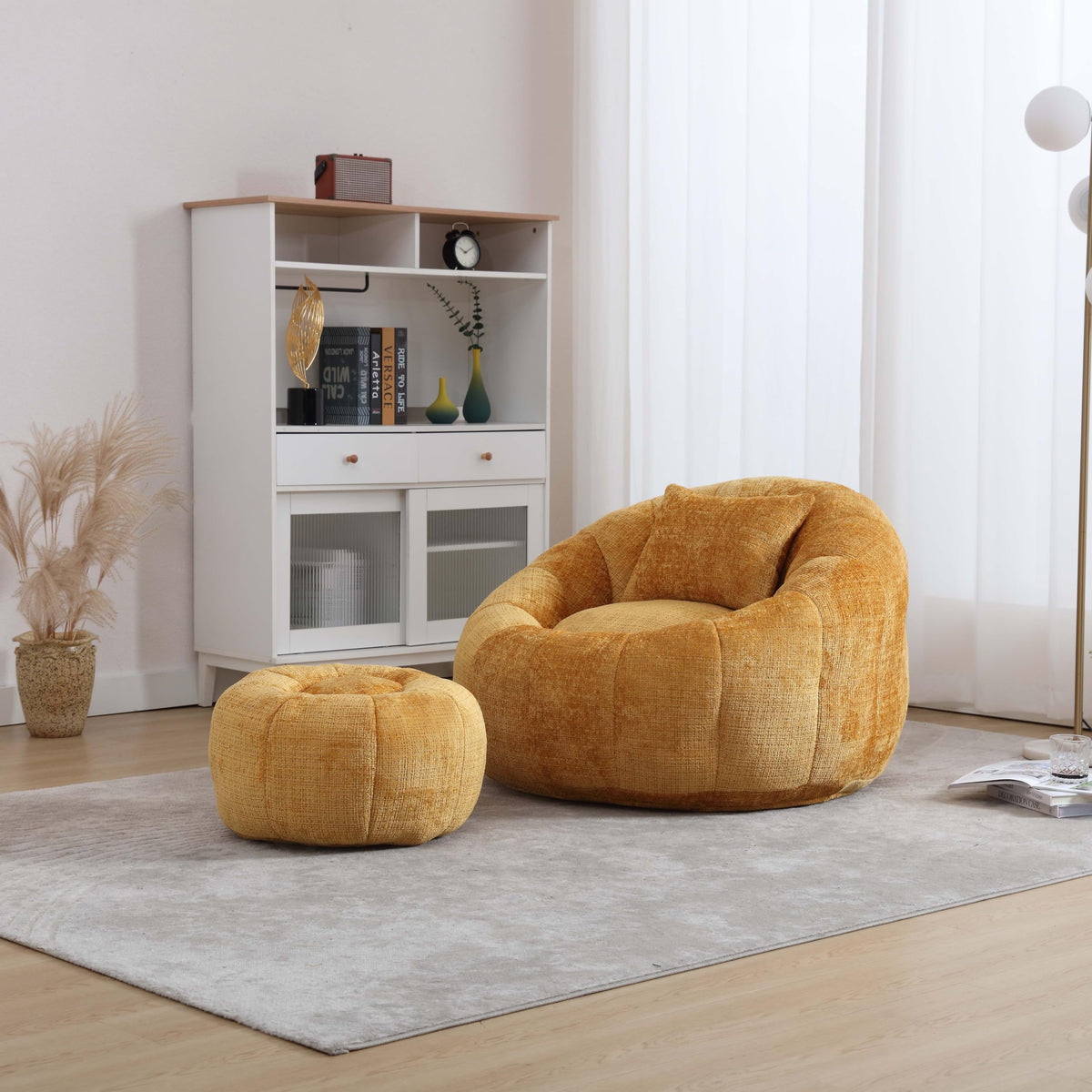 Yellow Memory Foam Bean Bag Chair with Ottoman Q7074