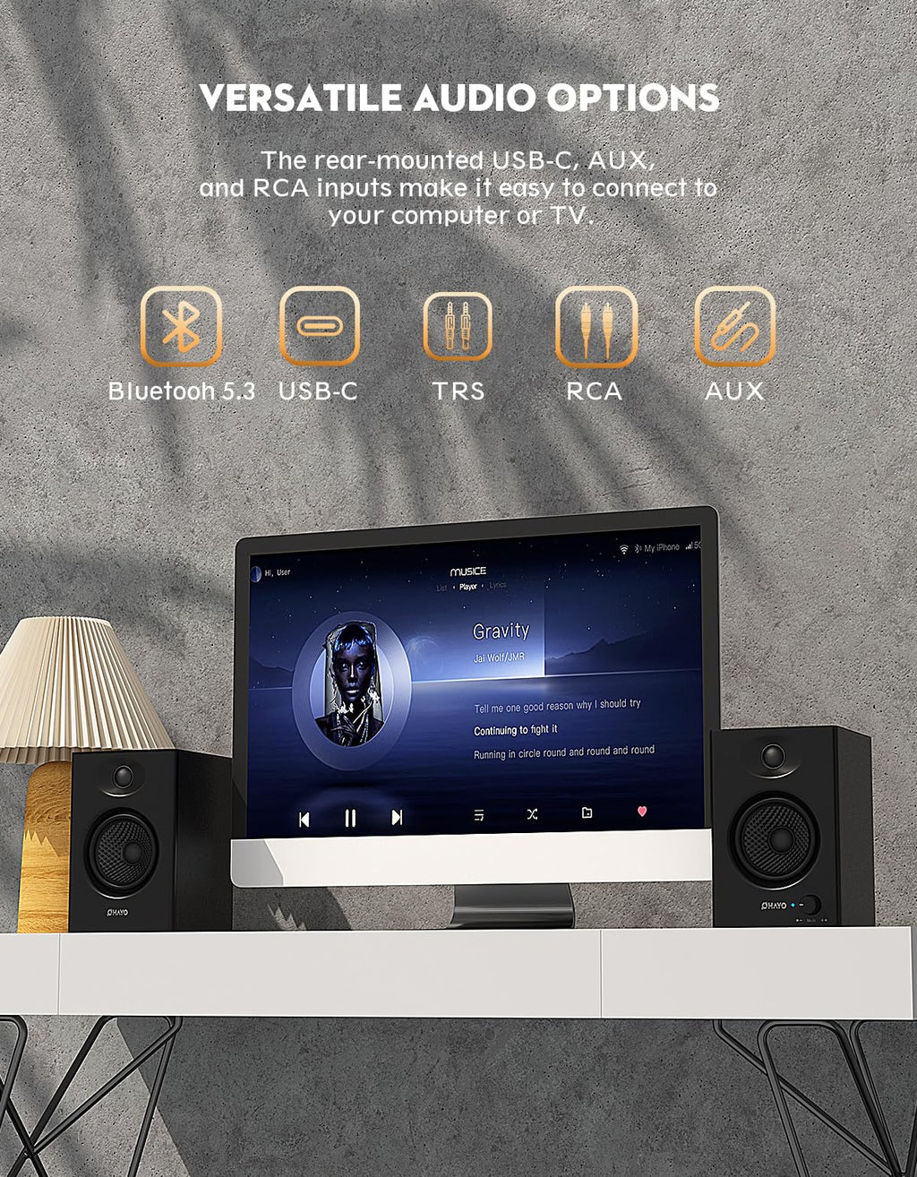 60W Bluetooth 5.3 Stereo 2.0 Computer Speakers 1 Pair Black V3801