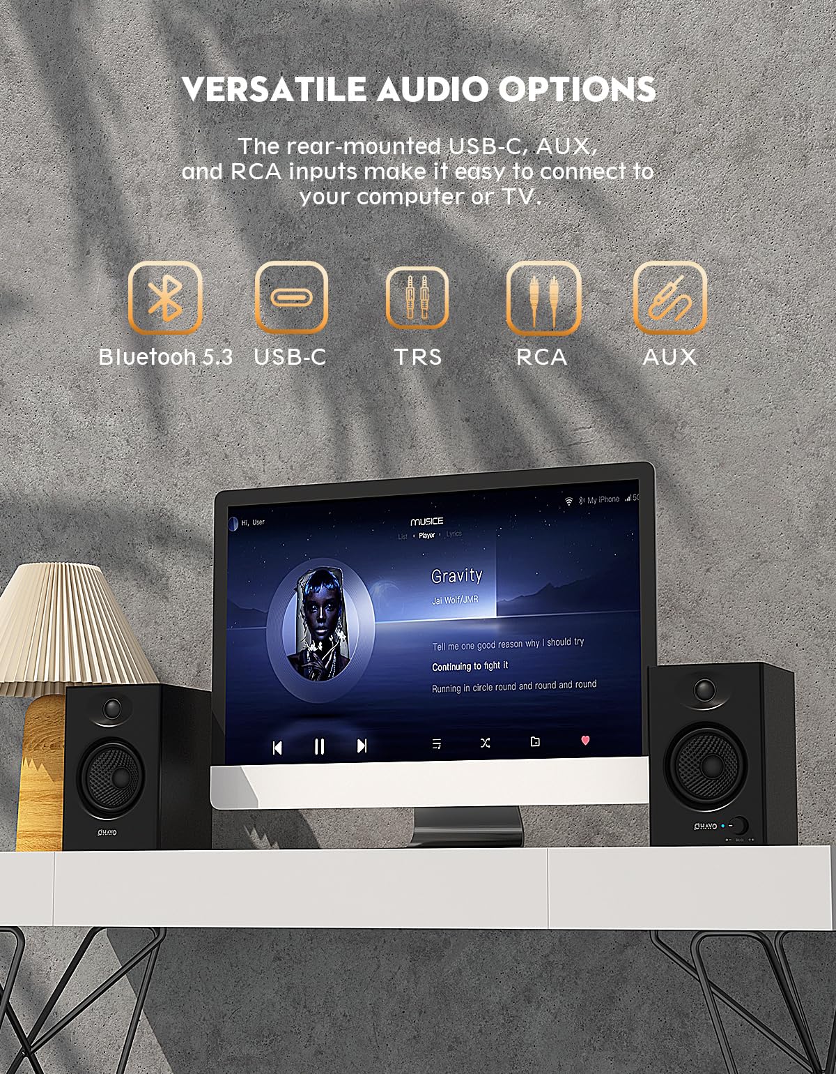 60W Bluetooth 5.3 Stereo 2.0 Computer Speakers 1 Pair Black V3801