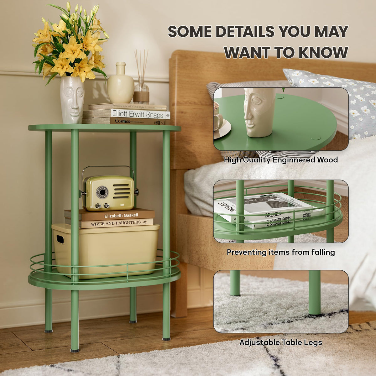 Oval Side Table with Storage, 2-Tier Green End Table T928