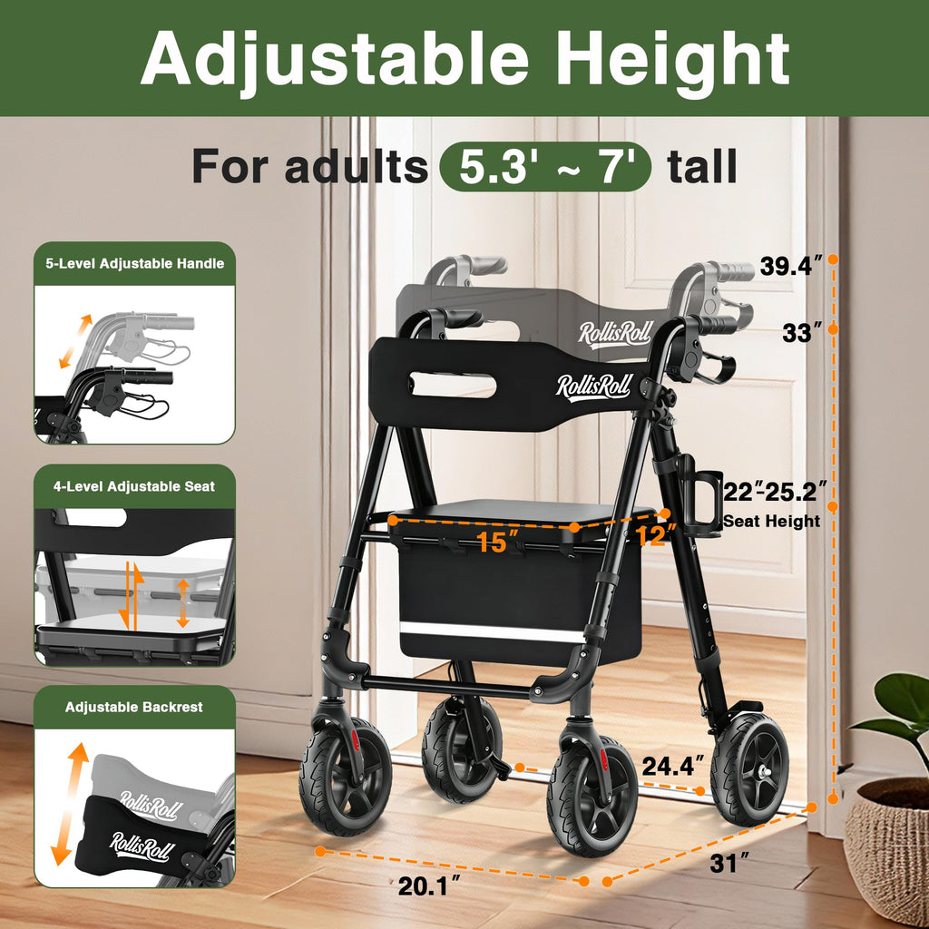 Lightweight Foldable Rollator Walker with 8" Rubber Wheels, 350lb Capacity, Black B806
