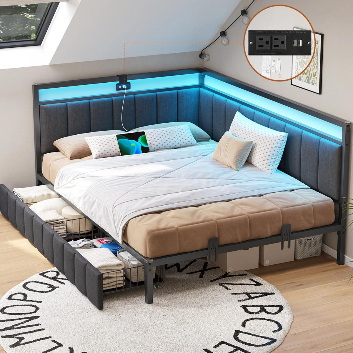 Full Size Corner Bed Frame with 2 Storage Drawers and Charging Station R341