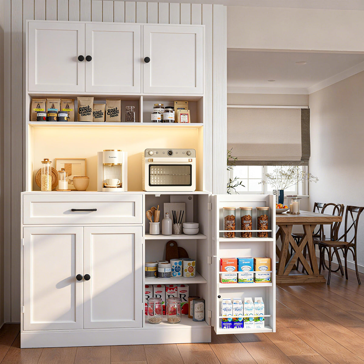 72" Kitchen Pantry Cabinet with LED Light and Charging Station W346