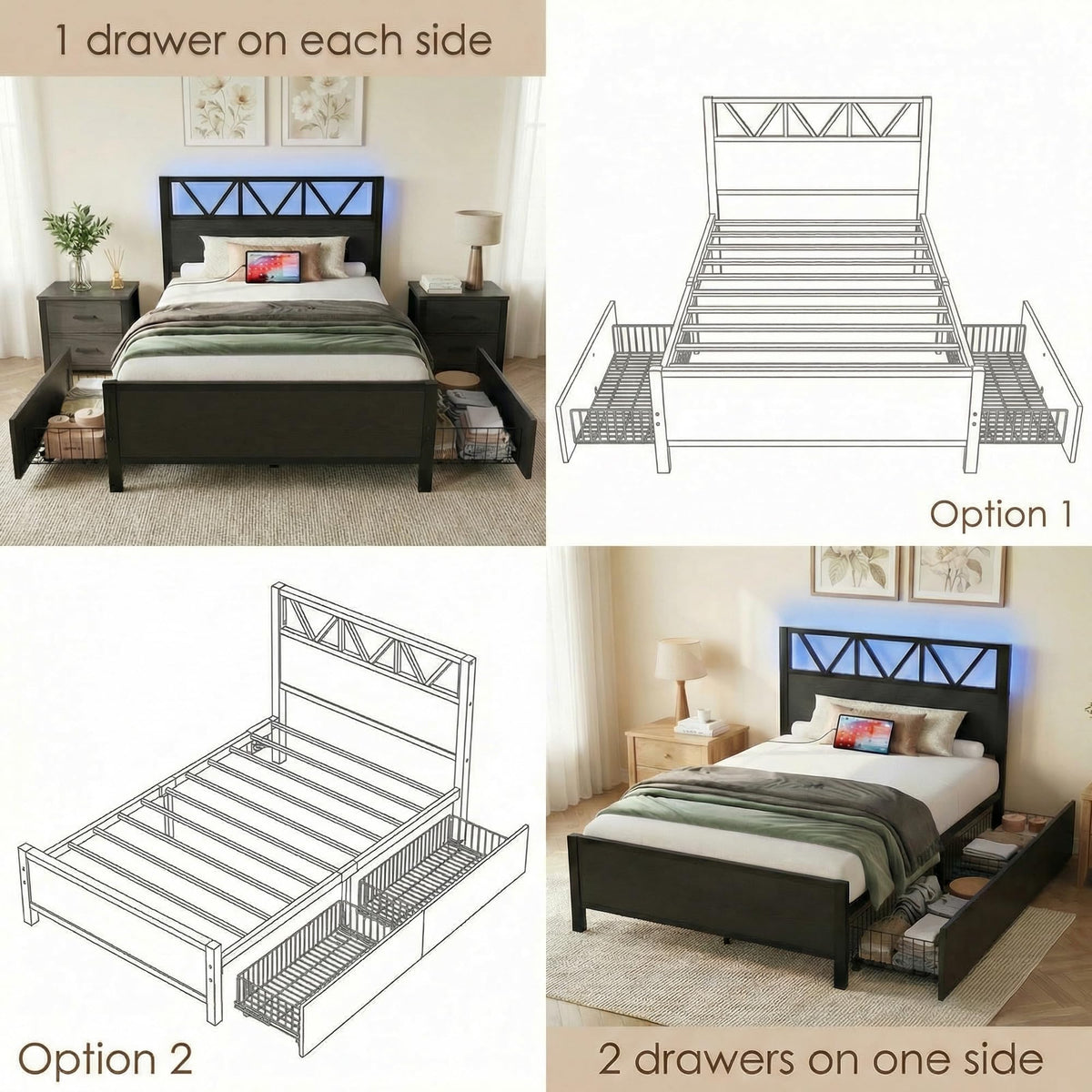Twin XL Bed Frame with 2 Storage Drawers B928040