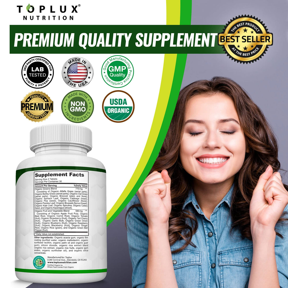 Organic Super Greens Capsules Superfood Supplement 60 Tablets B67534